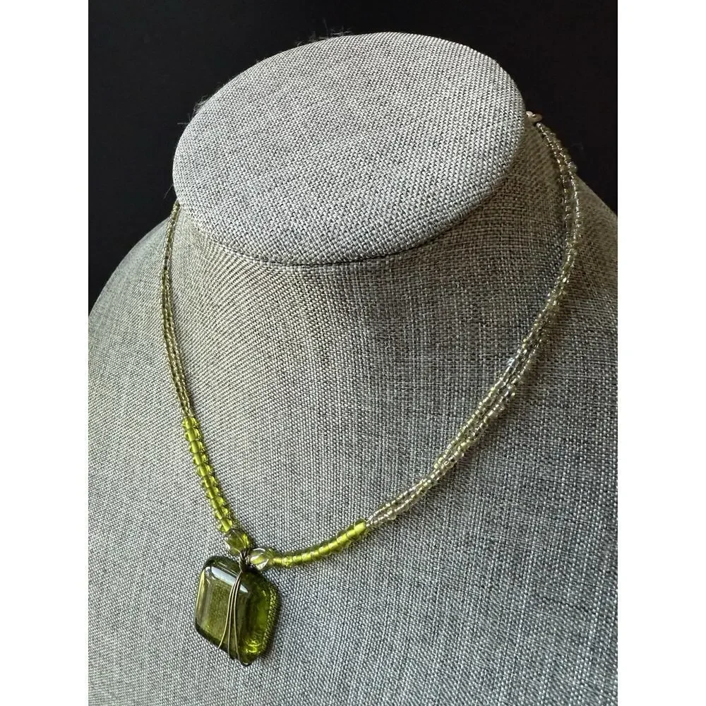 Art Glass Rectangle Wire Wrap Necklace Green Beaded Statement Choker Festival